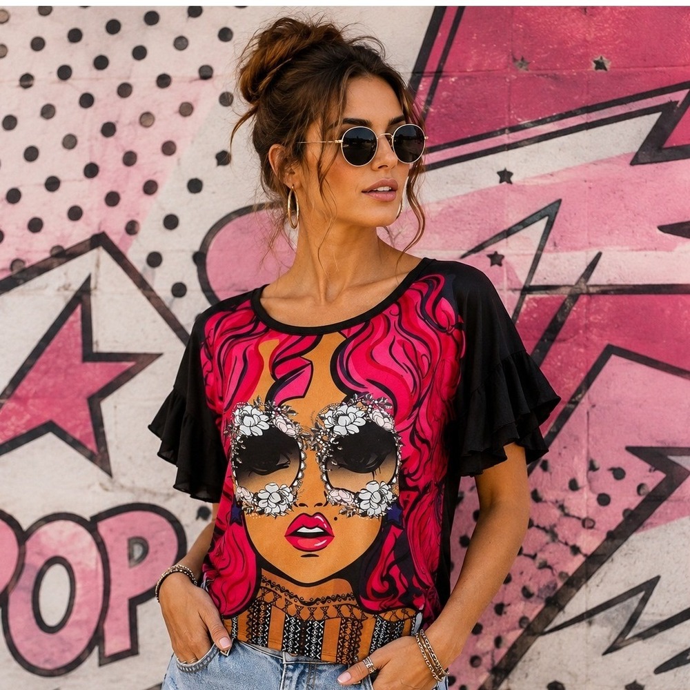 23 Love Street Pop Art Graphic Ruffle Sleeve Top Artsy Streetwear Pink Black L